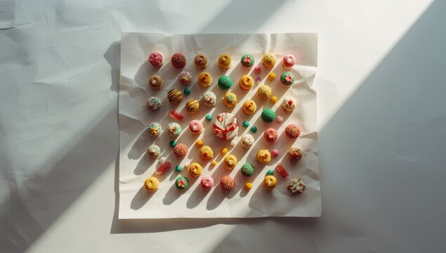 Brightly decorated candy spread on white background focusing on visual presentation and artistic arrangement, ideal for dessert menu backgrounds