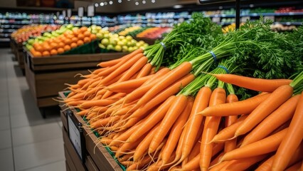 Fresh Carrots on Display at Supermarket.