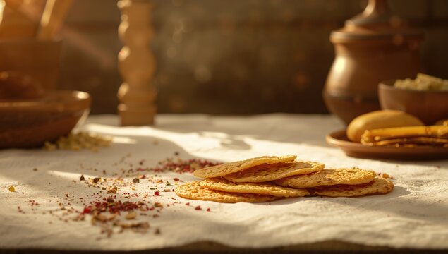 Papadams laid out to dry on cloth, snack drying process, Indian food tradition, spice-laden ingredients
