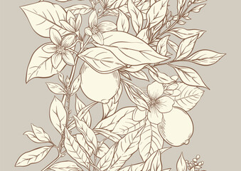 Lemons and tea leaves seamless coloring page. Botanical outline design with citrus fruits, blossoms, branches, and garden foliage for printable, kitchen, food, drink, textile, and wallpaper projects.