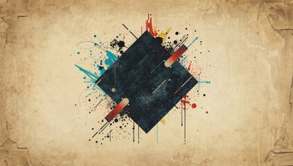 Retro abstract design on aged paper featuring black and blue paint textures, ideal for artistic layouts