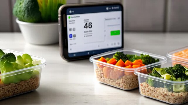Healthy meal prep with fresh vegetables and balanced nutrition display on tablet screen