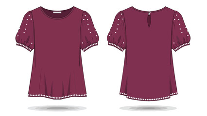 Fashionable maroon top with puffed sleeves adorned with delicate white pearl accents on the cuffs and hem for a stylish garment design