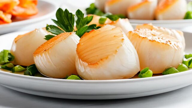 Succulent grilled scallops with fresh herb garnish on elegant white plates for culinary presentation