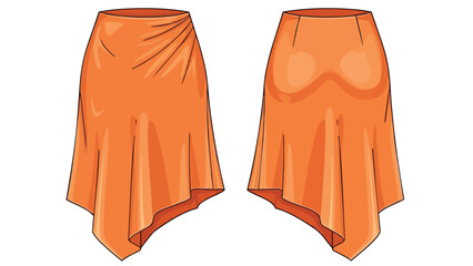 Stylized Orange Asymmetrical Drape Skirt Fashion Illustration Front and Back Views