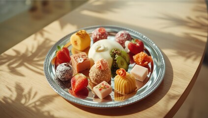 Traditional Thai sweet dish served on a polished silver tray, highlighting cultural food display