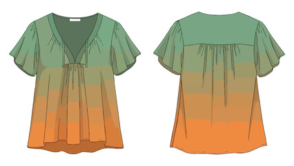 Fashionable gradient printed v-neck blouse with voluminous short sleeves showcasing front and back views