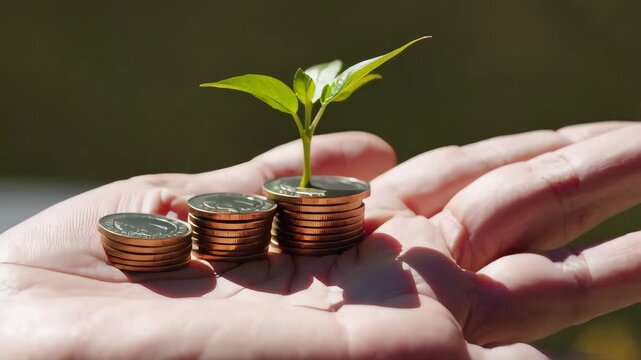 close-up of a hand holding a small tree growing on a coin, stacks of coins with young plants sprouting in ascending order, concept of green finance and sustainable investment, eco-friendly growth