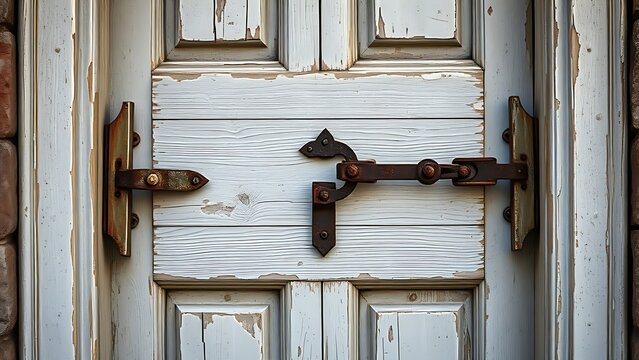 hinge. Weathered wooden door with peeling paint and rusty metal latch under soft natural light. real-estate listings.