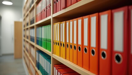 Office shelving with vibrant files for streamlined document management and workspace organization