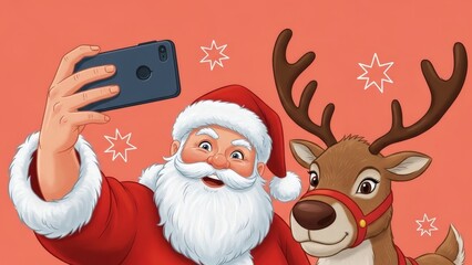 Santa Claus Taking Selfie with Reindeer Christmas.