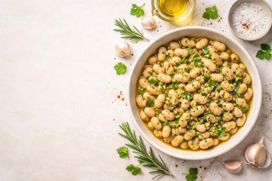 Top down perspective of cracked cannellini beans accompanied by herbs and garlic in a bowl on a pale background featuring copy space for recipe use