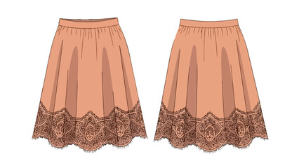Exquisite Lace-Trimmed Midi Skirt Design Illustration Detailed and Delicate Fashion Sketch