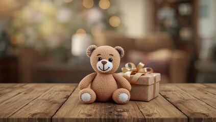 Handmade crochet bear placed on a surface near a gift box, used as a festive ornament
