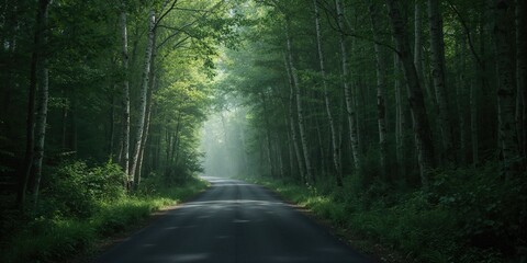 Winding road through a shadowy forest with tall trees, suitable as an editorial header background, Earth Day