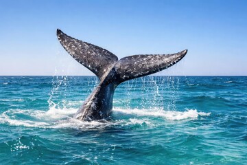 Naklejka premium Graceful gray whale tail curving over turquoise waves on a clear summer afternoon
