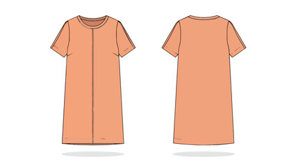 Fashion flat sketch of a simple short-sleeved shift dress presented front and back view in a soft peach hue