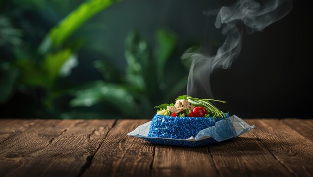Packet of nasi kerabu containing fish and chicken, awaiting consumption by a worker, food and cooking process