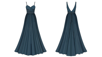 Elegant Teal Evening Gown with Pleated Skirt and V-Neckline Shown Front and Back