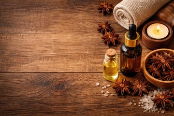 Wooden textured background with star anise essential oil for aromatherapy and spa with copy space