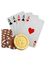 Ace poker cards and chips for gambling and casino games  isolated on white transparent background