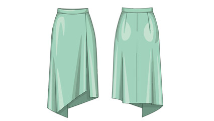 A mint green asymmetrical draped midi skirt presented from front and back views in a clean digital illustration format