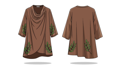 Elegant brown draped tunic with subtle green leaf embellishments showcasing front and back views