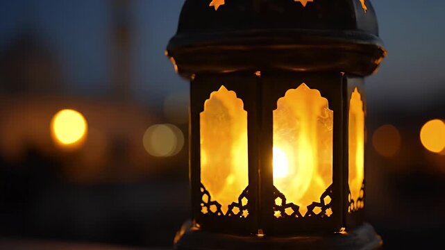Intricate Islamic lantern close-up golden glow ornate patterns serene Ramadan evening ambiance