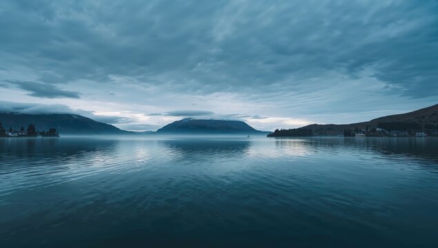 Sunset over a tranquil lake with cloud-filled sky, mountains, and distant houses, ideal for UI backdrop