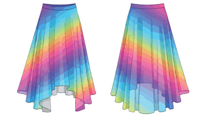 Vibrant Rainbow Skirt Design with Asymmetrical Hemline Showcasing Fluid Fabric and Color Gradients