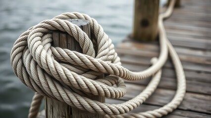 Fototapeta premium bollard. Weathered wooden bollard with coiled mooring rope on dock. mobility guides, transit brochures, designed for transport & logistics marketing, used by project managers.