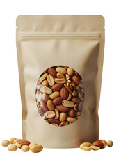 Brown paper bag of mixed nuts with clear window and scattered nuts on white transparent background