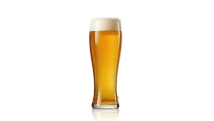 Pint glass of Beer with foam topping on a white backdrop, serving as a drink presentation background