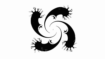 Abstract black ink splashes form a swirling, symmetrical pattern on a white background.