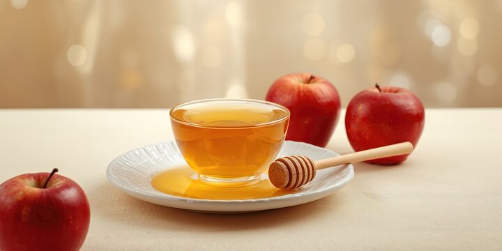 Close-up of honey and apple slices on a festive table, highlighting Rosh Hashanah traditions