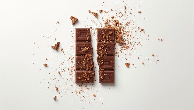 Organic dark chocolate pieces with seed fragments and crumbs in motion, highlighting plant-based ingredients, World Vegan Day