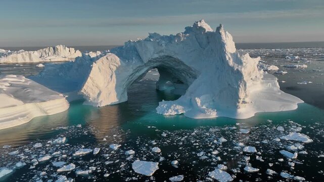 Aerial drone view of icebergs near Ilulissat, Greenland, Arctic seascape and polar nature, melting ice and climate change concept, 4K footage
