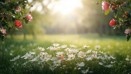Summer landscape with blooming daisies and camellias, green field setting for environmental awareness