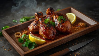 Thai grilled chicken with spicy sauce, emphasizing the grilling process and sauce application