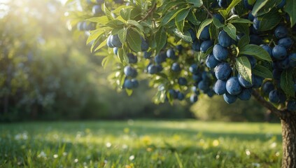 Garden scene with blue plum fruits on a tree, highlighting natural growth and fruit maturity
