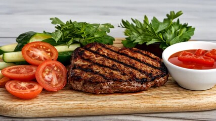 Juicy grilled steak with fresh vegetables and tomato salsa on wooden board