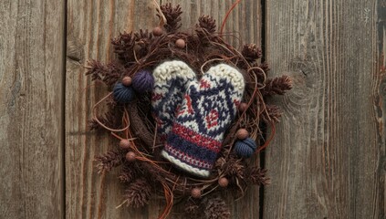 Woolen mittens with decorative patterns arranged on a wooden surface, emphasizing winter attire