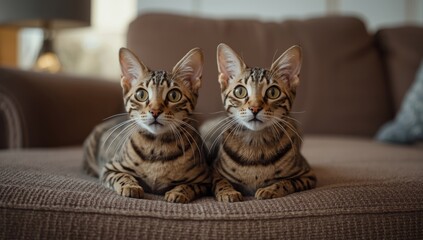 Close-up of Bengal cats relaxing on a couch, capturing their energetic posture, pet activity
