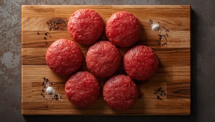 Raw beef burger patties arranged on a wooden cutting surface, highlighting meat handling practices