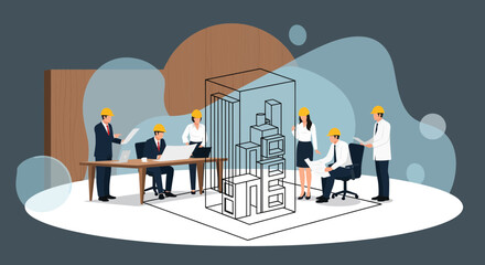 Team of professionals collaborating on architectural project.