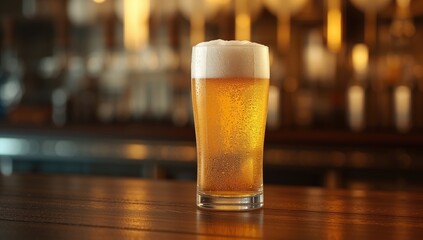 Cold beer served in a glass with shiny bar tools behind, suitable for hospitality environment