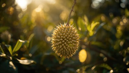 Durian flower buds displayed on a stage with pest control spray, illustrating garden pruning techniques
