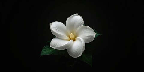 Fototapeta premium White gardenia bloom with dark backdrop, suitable for botanical themes or floral arrangements, Earth Day