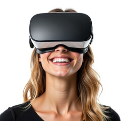 Young woman enjoying virtual reality experience with a joyful expression indoors on transparent background