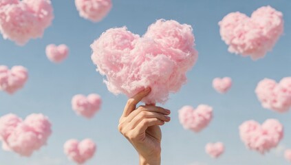 Hand holding pink heart-shaped cotton candy against blue sky with floating hearts